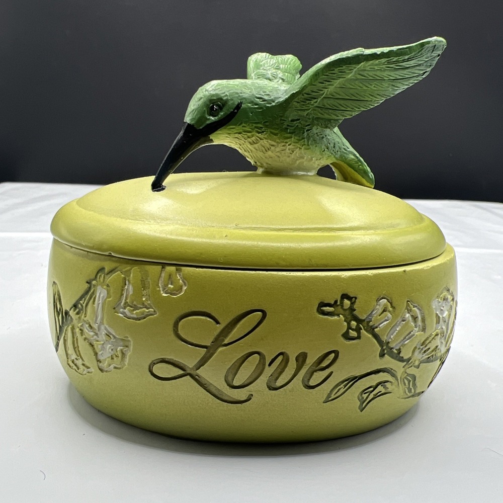 Hummingbird Trinket Box Resin Green Yellow Love Floral Jewelry Case 4 Inch